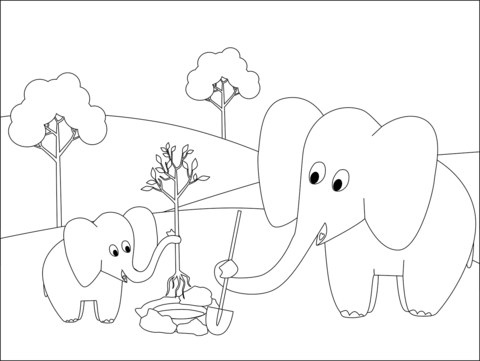 Elephants Planting A Tree Coloring Page